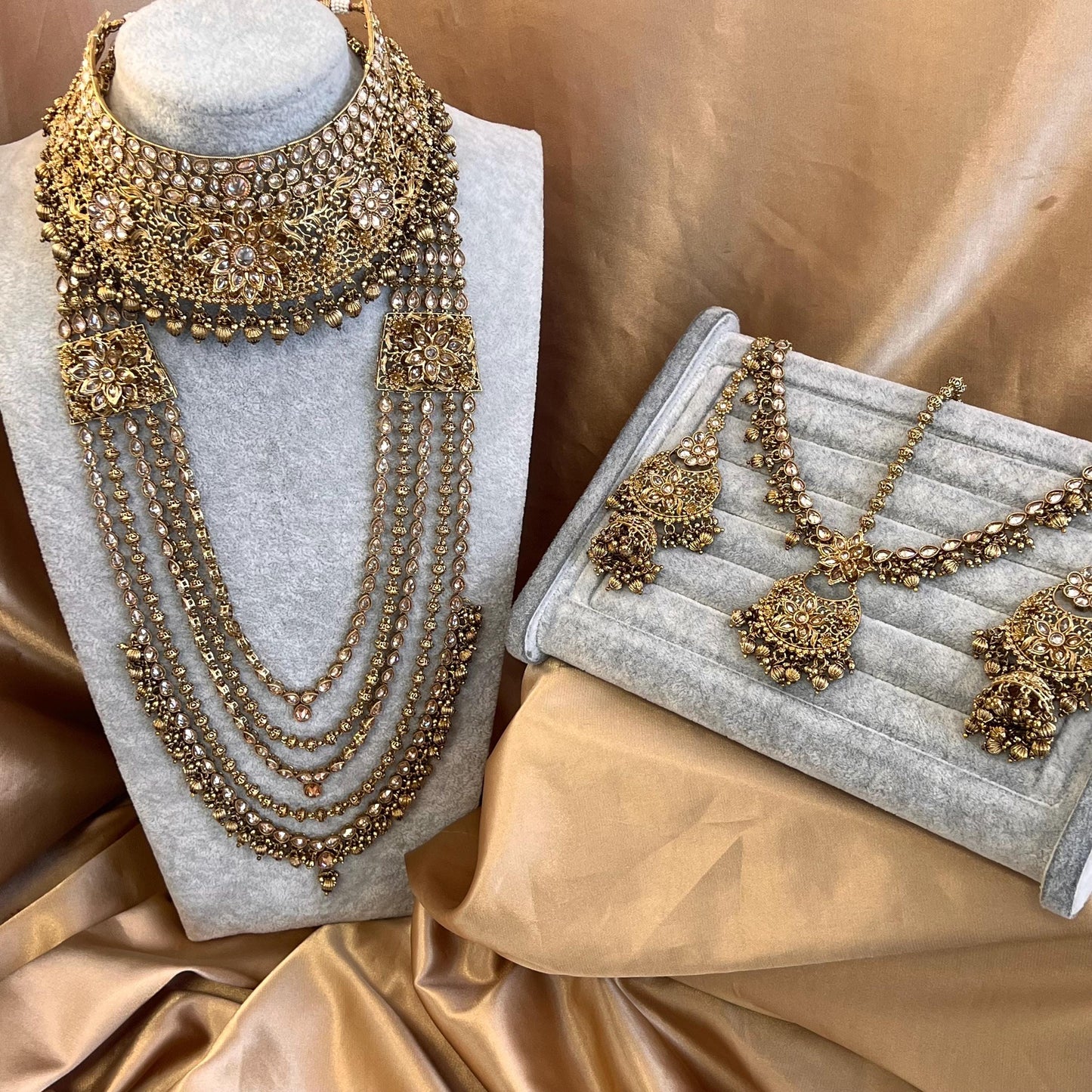 Gold 5Piece Antique Gold Champagne Zircon Bridal Choker Mala Necklace Chain Jhumka Earring Mathapatti NoseRing High Quality Indian Pakistani