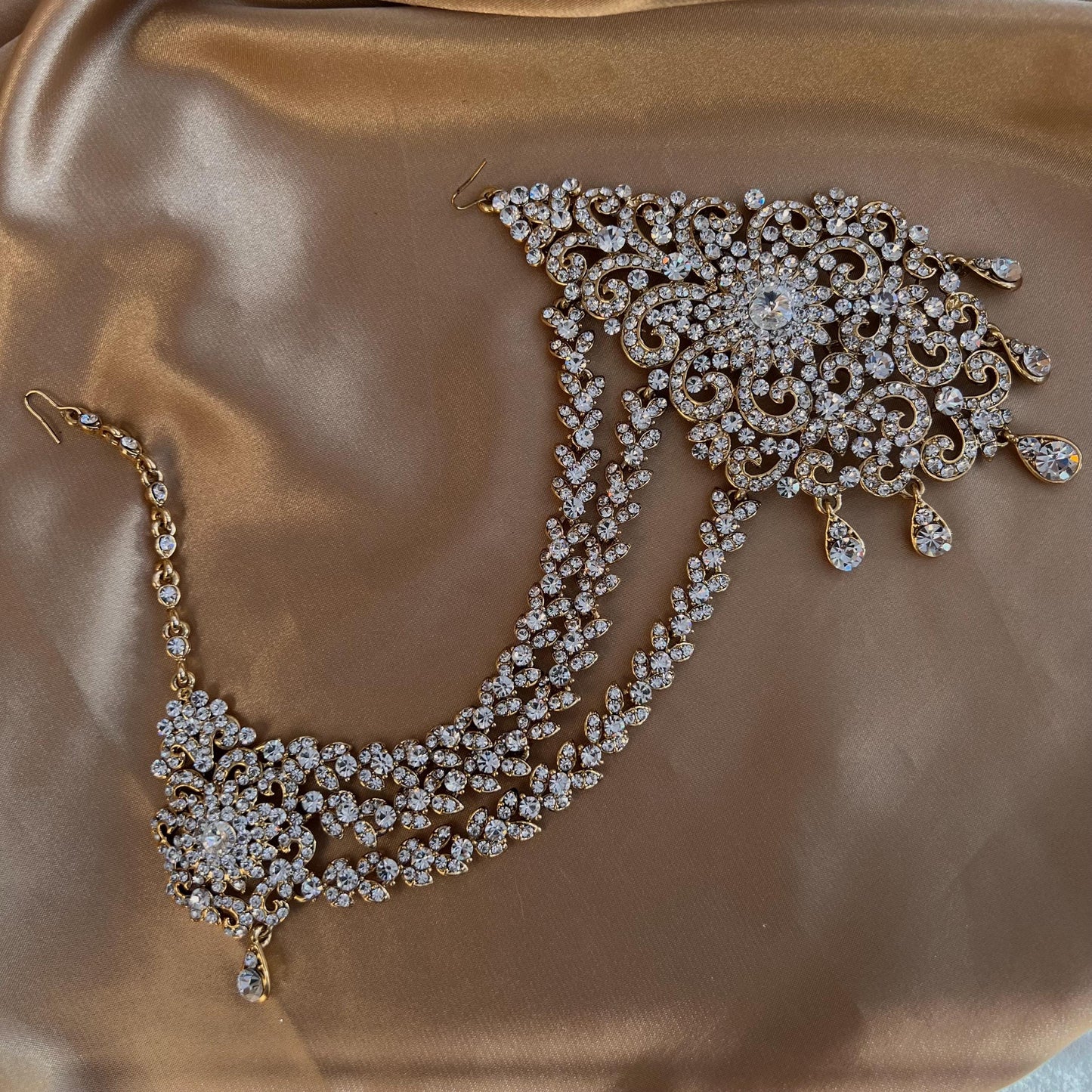 New Fashion Fancy Jhumar! Jhoomar Passa with Tikka One Piece Stylish Trending Indian Pakistani Style Bollywood Antique Gold Clear Rhinestone