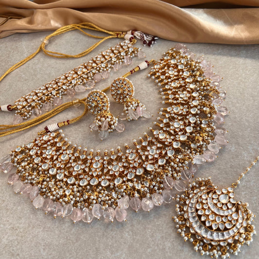 Pink Quatz Gold Plated Kundan! Choker Necklace Jhumka Earring Large Tikka High Quality Clear Set Indian Pakistani Luxury Bridal Set 4 piece