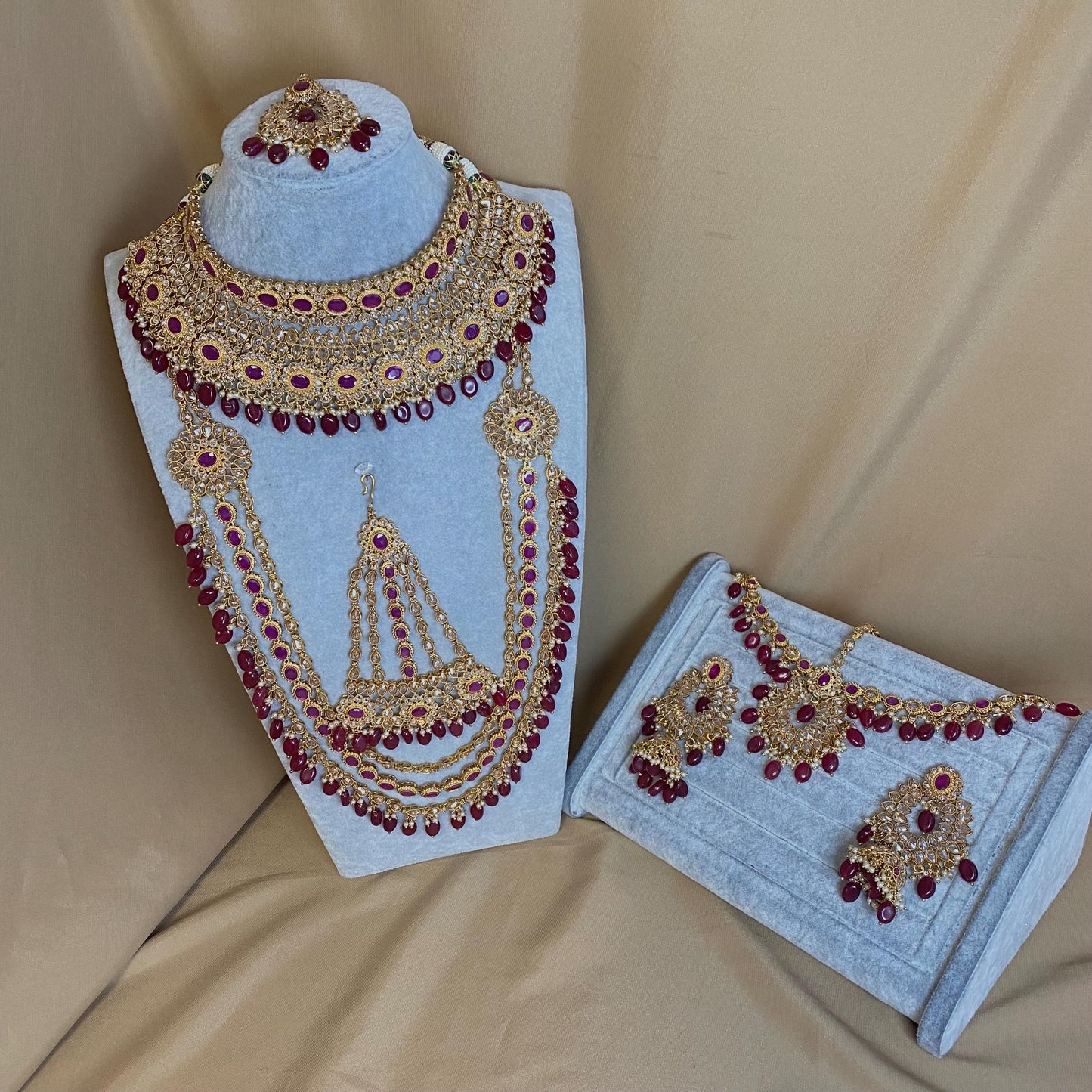 Ruby/ Maroon/Dark Purple Gold Rhinestone Necklace Set Earring and Tikka/  Indian/ Pakistani/Fashion Jewellery/ Gift for Women/ Diwali/ Eid/
