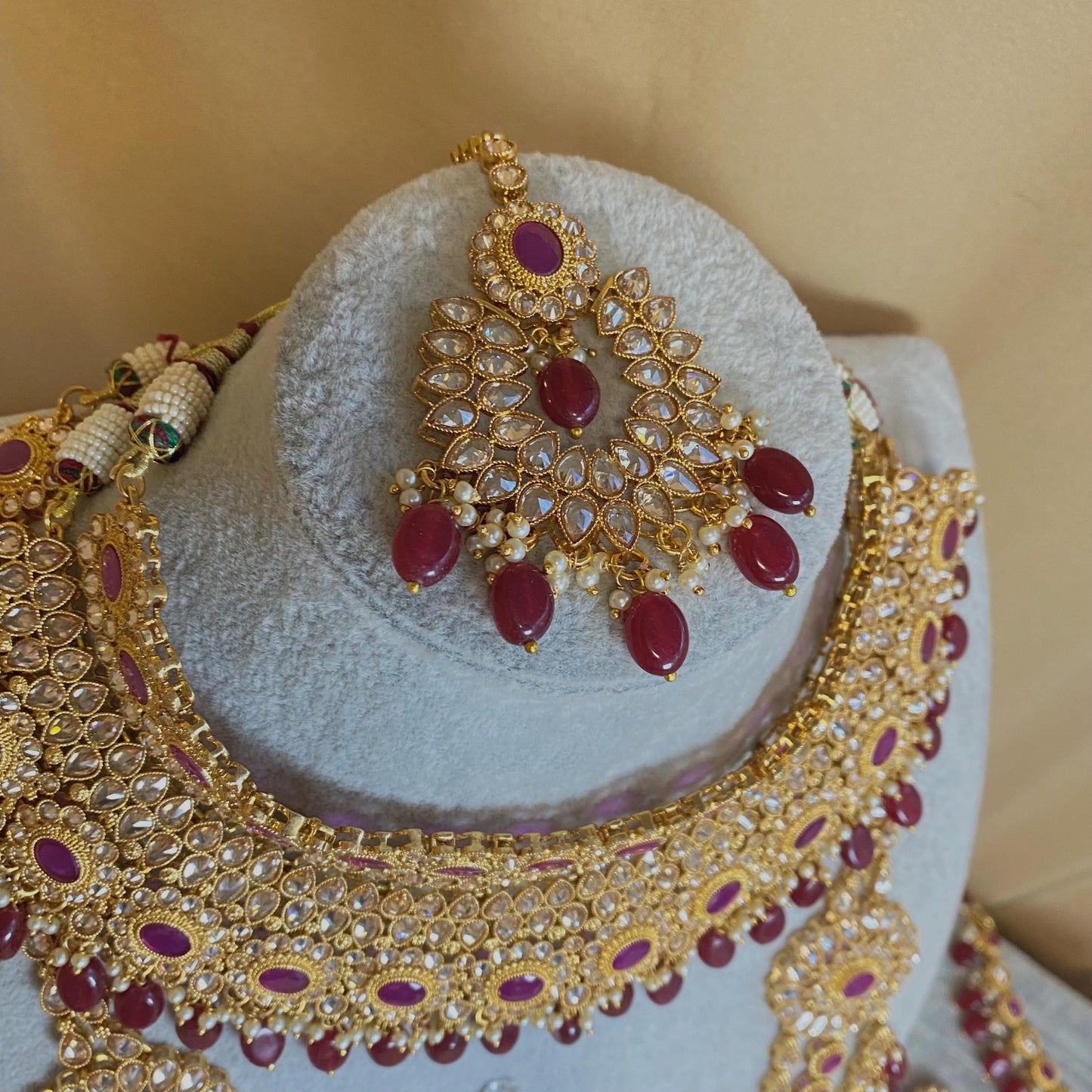Ruby/ Maroon/Dark Purple Gold Rhinestone Necklace Set Earring and Tikka/  Indian/ Pakistani/Fashion Jewellery/ Gift for Women/ Diwali/ Eid/