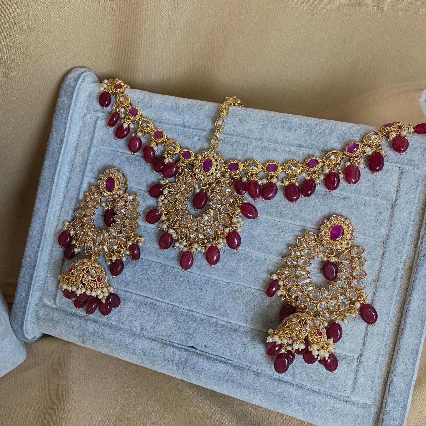 Ruby/ Maroon/Dark Purple Gold Rhinestone Necklace Set Earring and Tikka/  Indian/ Pakistani/Fashion Jewellery/ Gift for Women/ Diwali/ Eid/