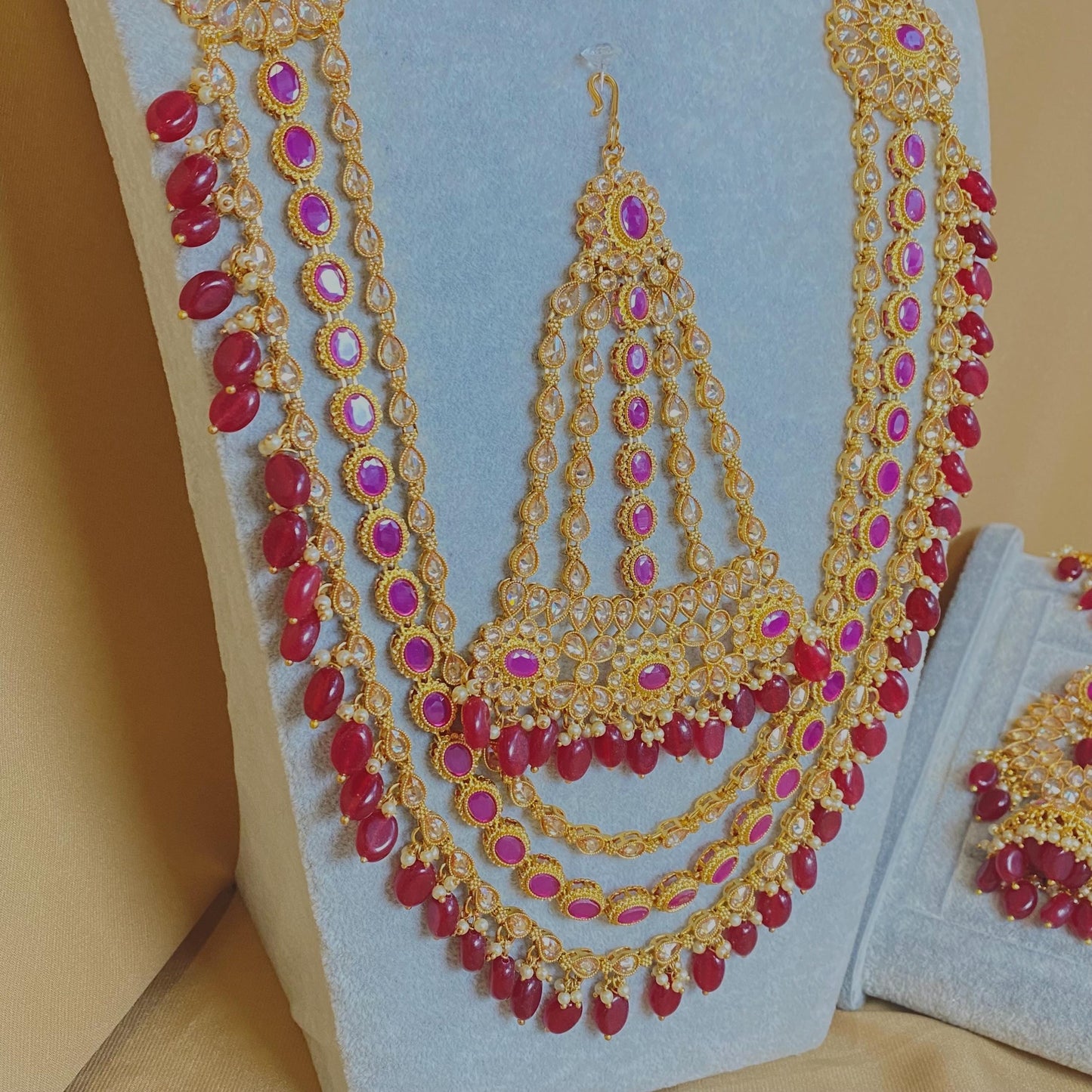 Ruby/ Maroon/Dark Purple Gold Rhinestone Necklace Set Earring and Tikka/  Indian/ Pakistani/Fashion Jewellery/ Gift for Women/ Diwali/ Eid/