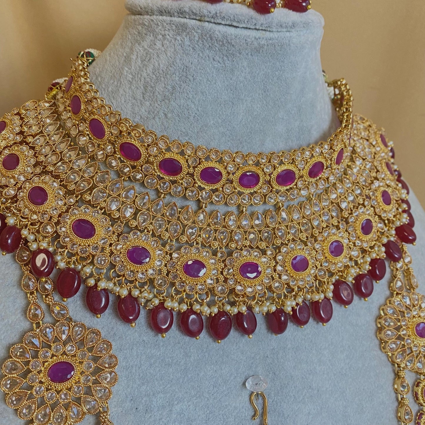 Ruby/ Maroon/Dark Purple Gold Rhinestone Necklace Set Earring and Tikka/  Indian/ Pakistani/Fashion Jewellery/ Gift for Women/ Diwali/ Eid/