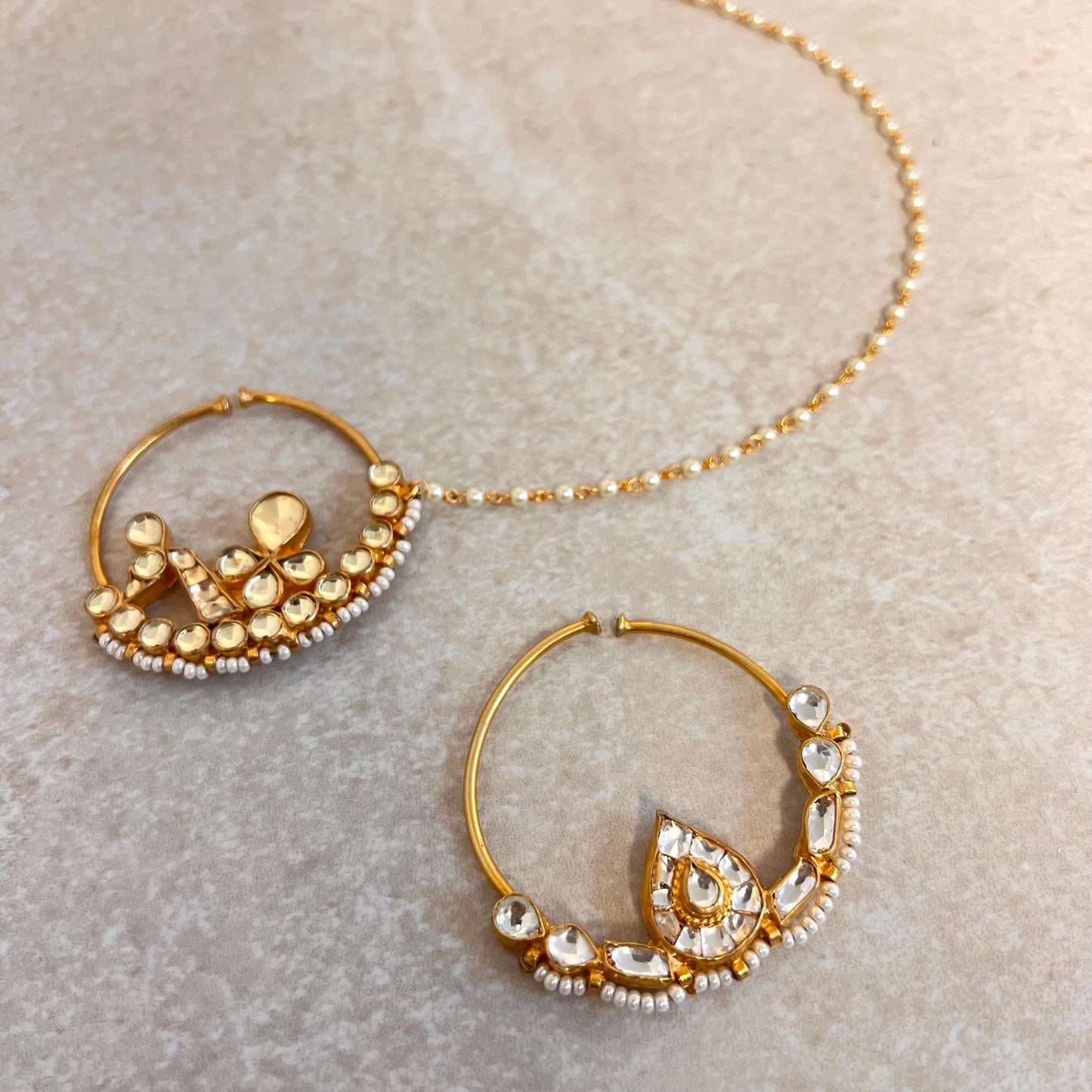 Kundan 1 inch Bright Gold Non-Piercing Nose Ring Pearly Chain Included Fashion Jewellery Gift Indian Nath Nose Jewellery Slide Type Bride