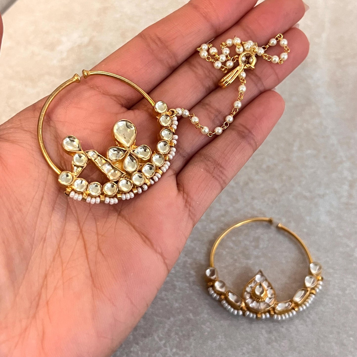 Kundan 1 inch Bright Gold Non-Piercing Nose Ring Pearly Chain Included Fashion Jewellery Gift Indian Nath Nose Jewellery Slide Type Bride