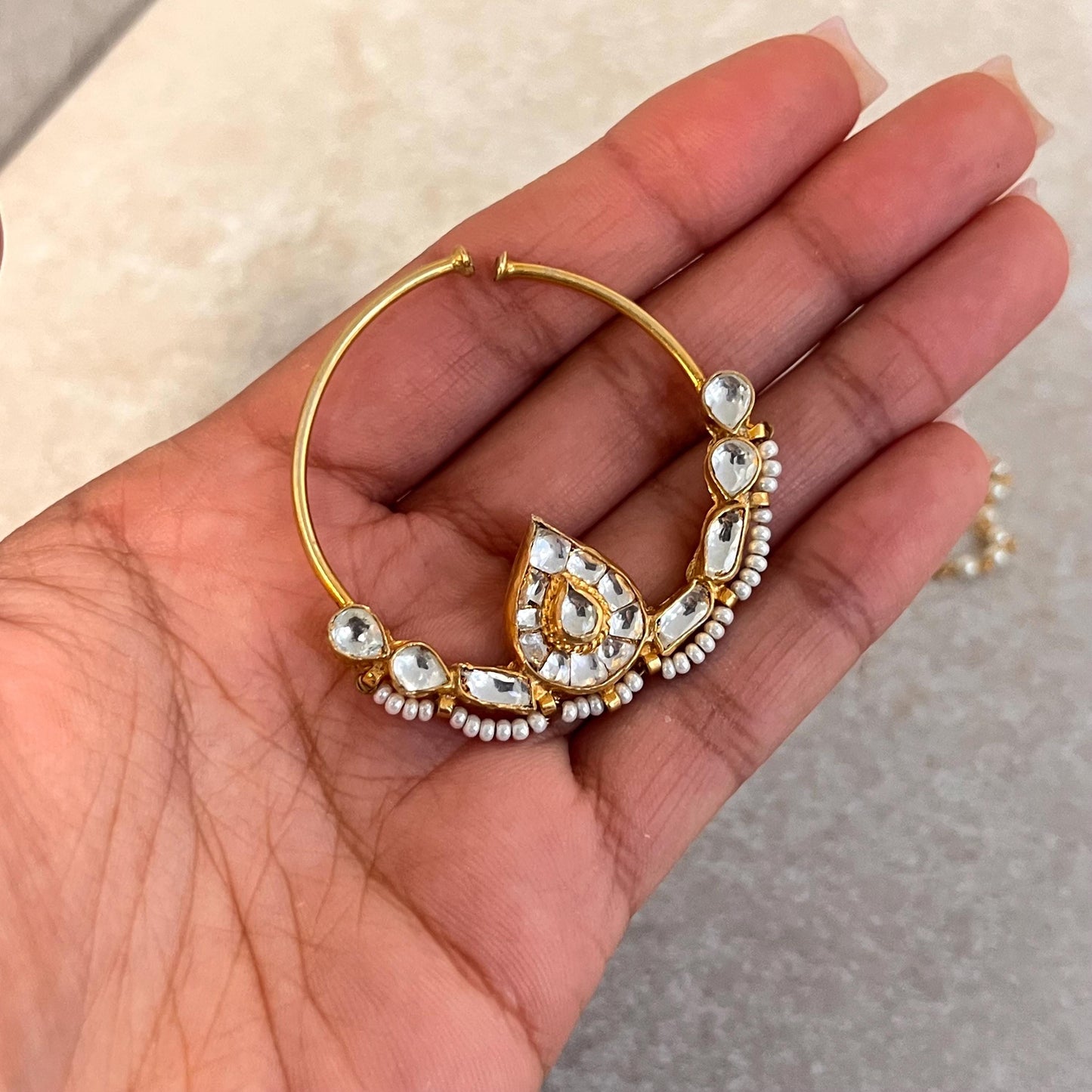 Kundan 1 inch Bright Gold Non-Piercing Nose Ring Pearly Chain Included Fashion Jewellery Gift Indian Nath Nose Jewellery Slide Type Bride