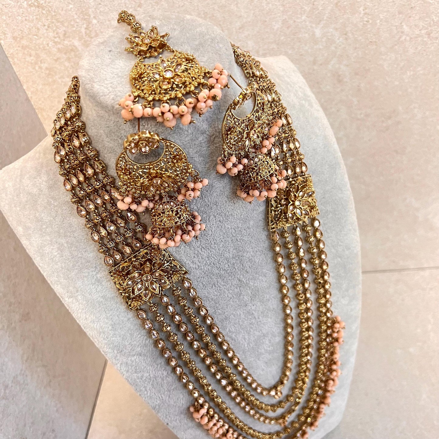 Peach Gold 4 piece Antique Gold Champagne Zircon Long Mala Necklace Jhumka Earring Tikka High Quality Indian Pakistani Punjabi Style Gift