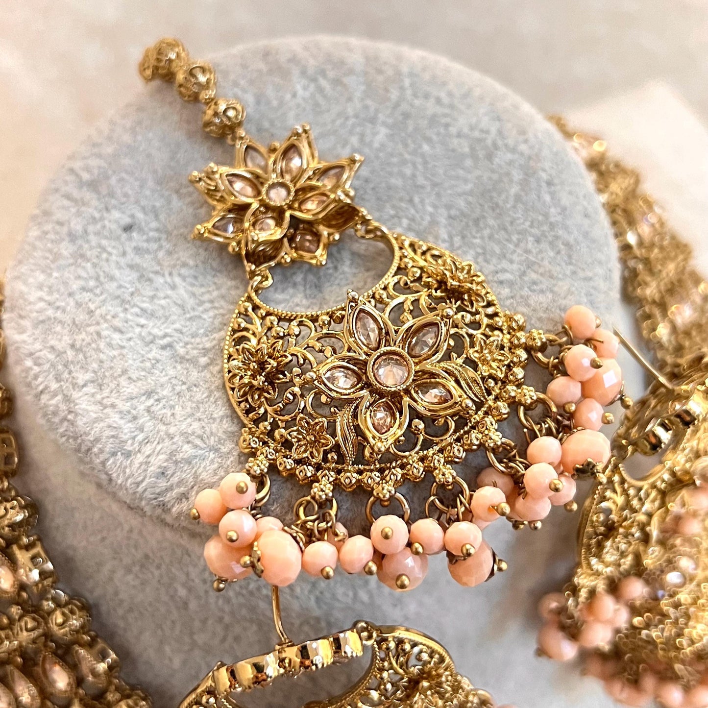 Peach Gold 4 piece Antique Gold Champagne Zircon Long Mala Necklace Jhumka Earring Tikka High Quality Indian Pakistani Punjabi Style Gift