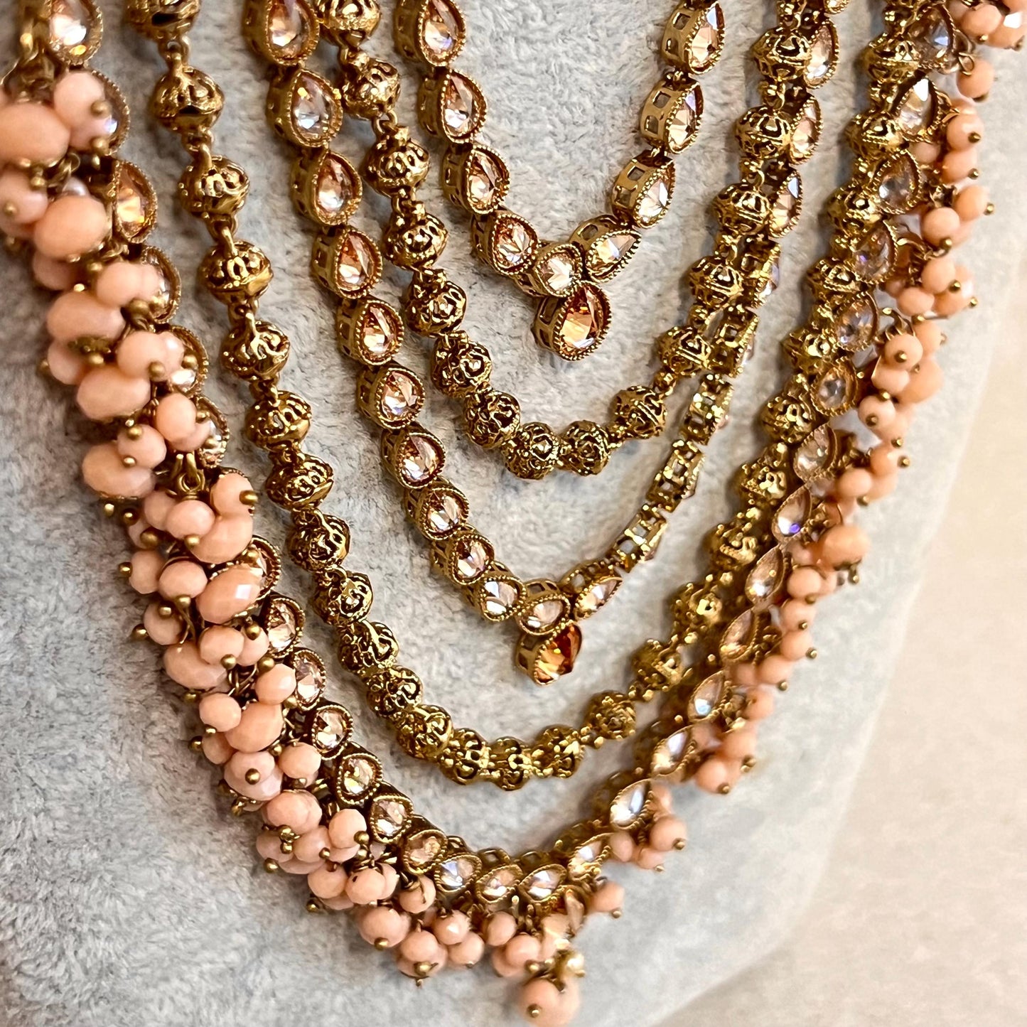 Peach Gold 4 piece Antique Gold Champagne Zircon Long Mala Necklace Jhumka Earring Tikka High Quality Indian Pakistani Punjabi Style Gift