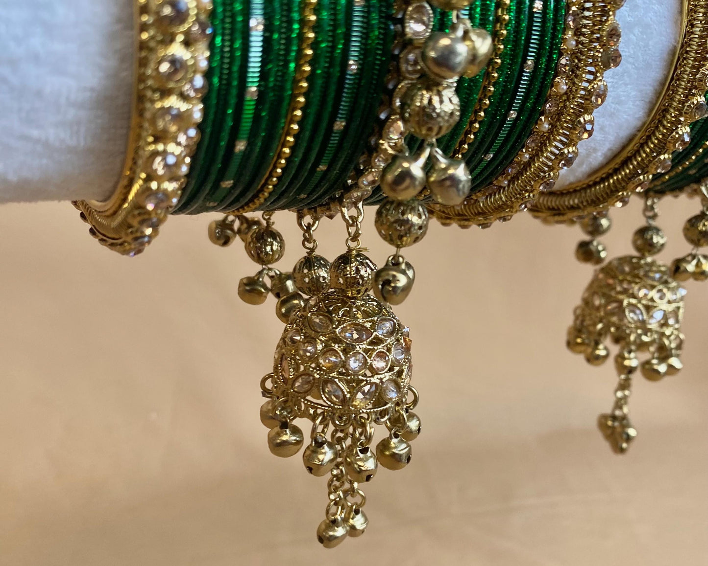 Midi Green Jhumka Bangle Set - Both Arms 2.6/ Bridal Green Bangle Set/ Antique Gold Kada & Jhumka Bangle Set/Bridal Jewellery