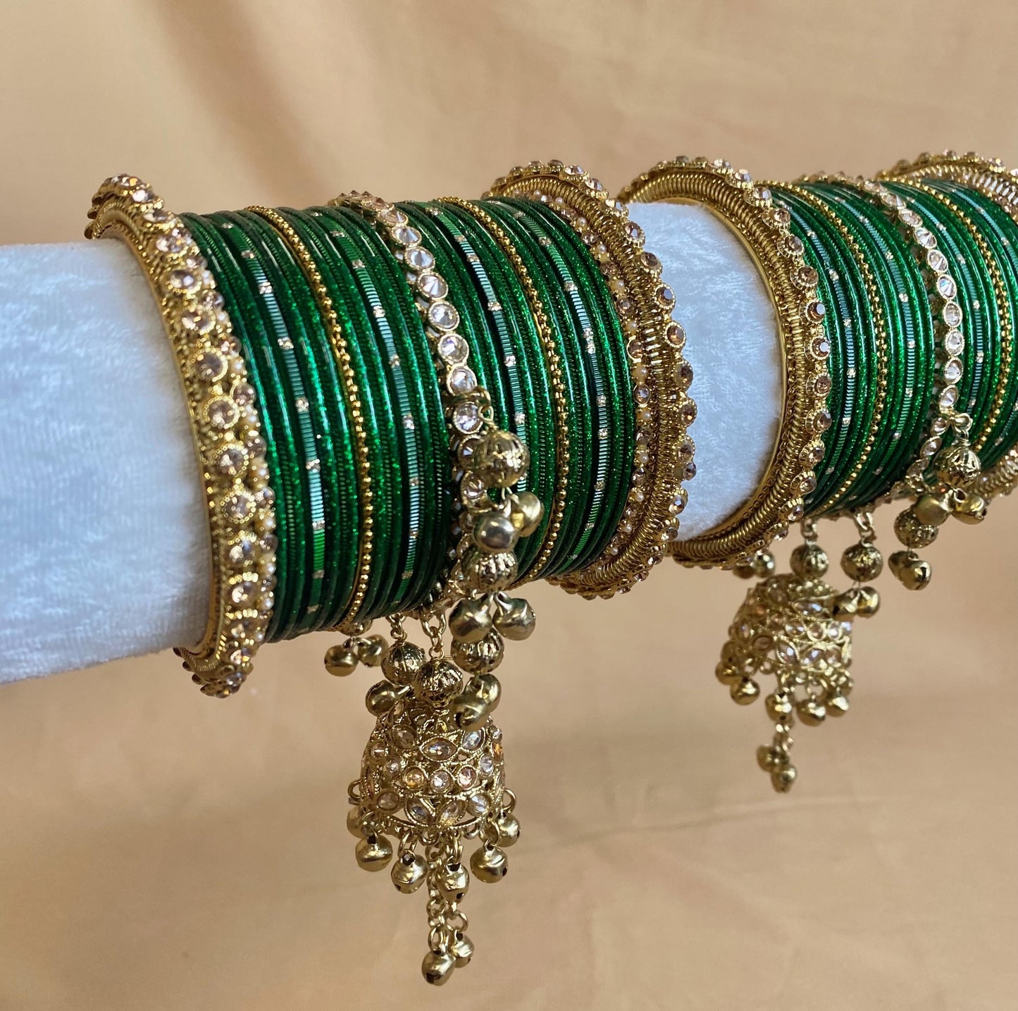 Midi Green Jhumka Bangle Set - Both Arms 2.6/ Bridal Green Bangle Set/ Antique Gold Kada & Jhumka Bangle Set/Bridal Jewellery