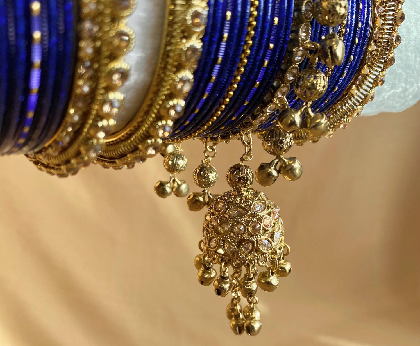 Midi Navy Jhumka Bangle Set - Both Arms 2.6/ Bridal Green Bangle Set/ Antique Gold Kada & Jhumka Bangle Set/Bridal Jewellery