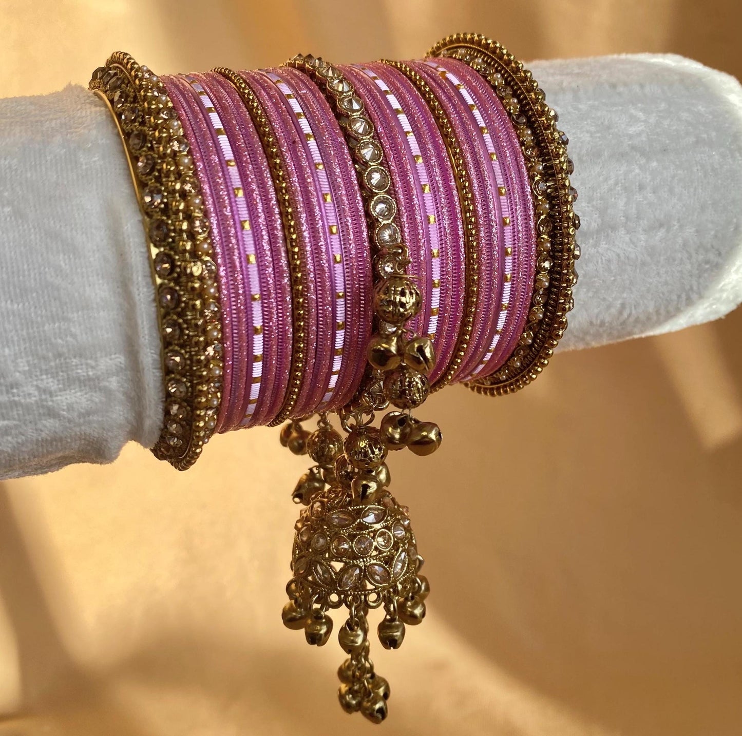 Midi Green Jhumka Bangle Set - Both Arms 2.6/ Bridal Green Bangle Set/ Antique Gold Kada & Jhumka Bangle Set/Bridal Jewellery