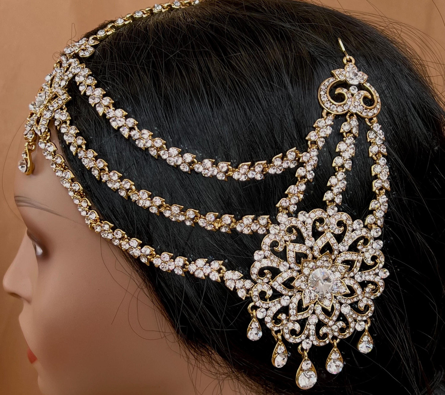 New Fashion Fancy Jhumar! Jhoomar Passa with Tikka One Piece Stylish Trending Indian Pakistani Style Bollywood Antique Gold Clear Rhinestone