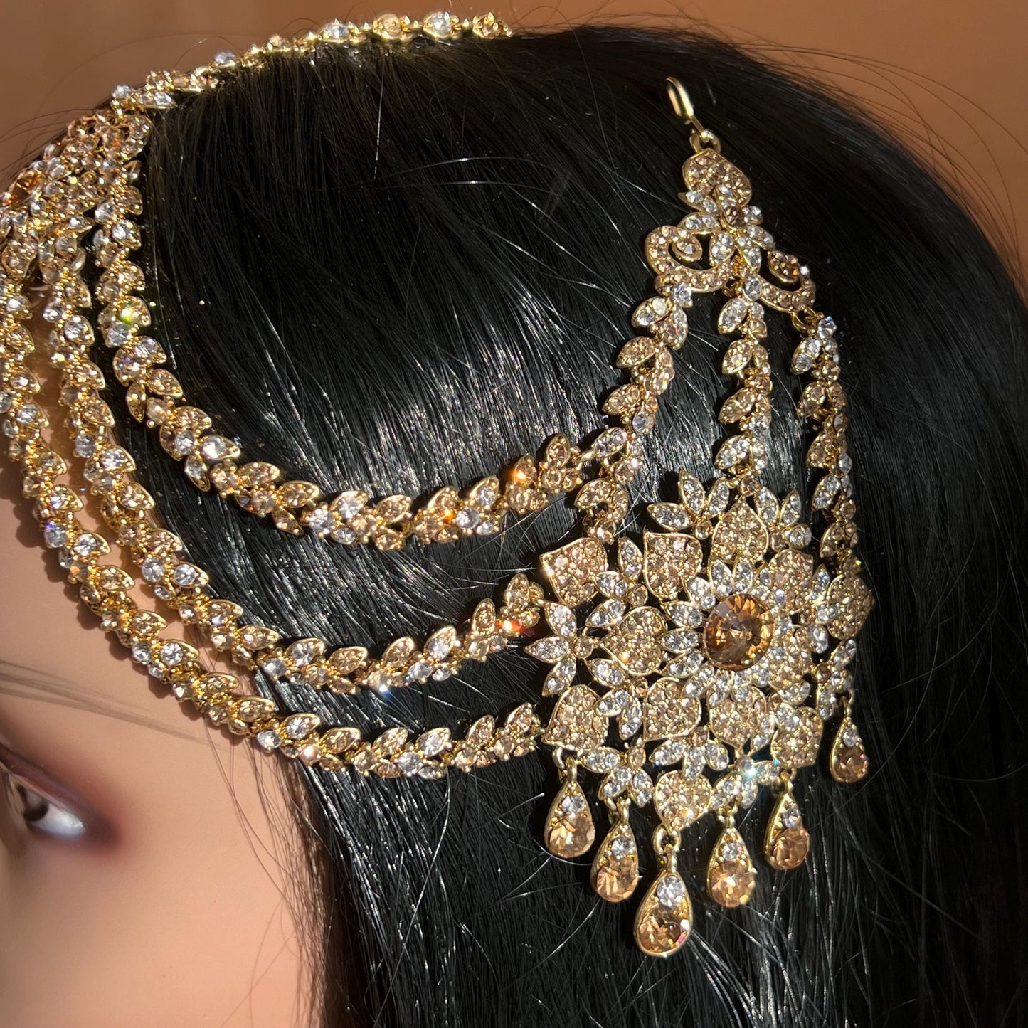 New Fashion Fancy Jhumar! Jhoomar Passa with Tikka One Piece Stylish Trending Indian Pakistani Style Bollywood Antique Gold Clear Rhinestone