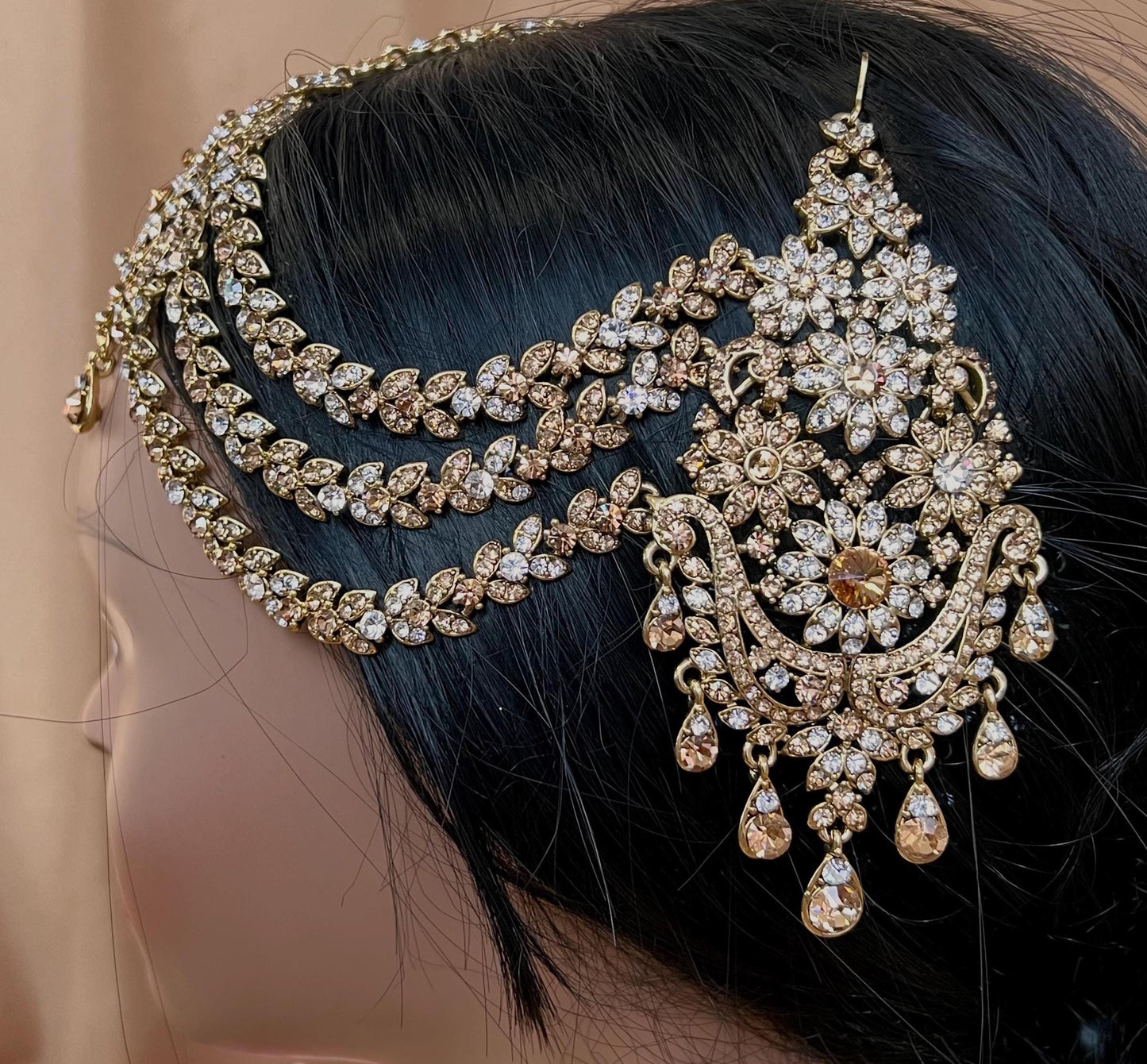 New Fashion Fancy Jhumar! Jhoomar Passa with Tikka One Piece Stylish Trending Indian Pakistani Style Bollywood Antique Gold Clear Rhinestone