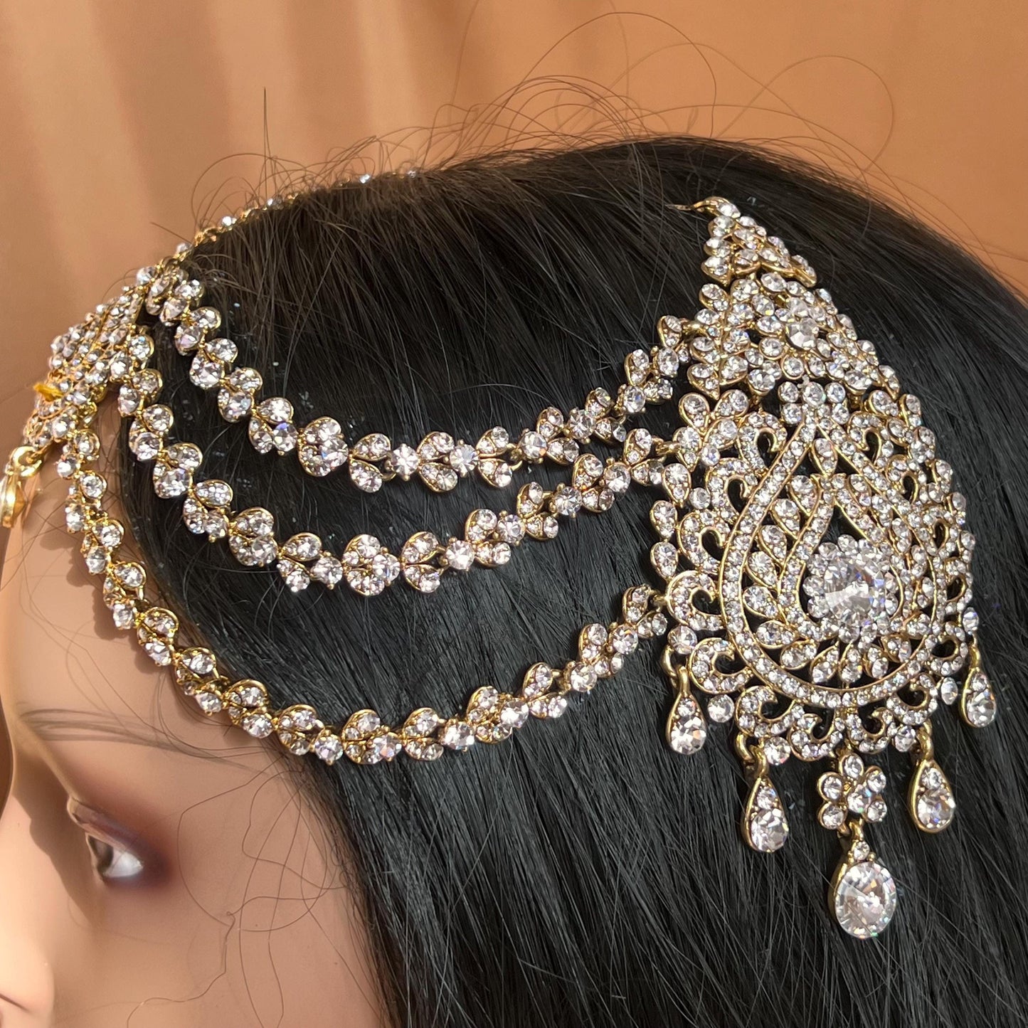 New Fashion Fancy Jhumar! Jhoomar Passa with Tikka One Piece Stylish Trending Indian Pakistani Style Bollywood Antique Gold Clear Rhinestone