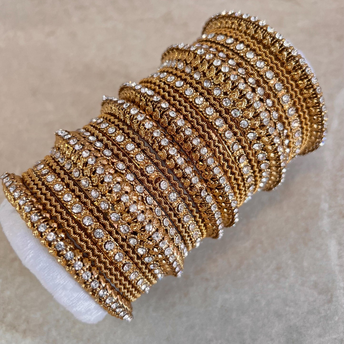 Antique Gold Clear Crystal Sparkly Chunky Bangle Set Indian Pakistani Punjabi Party Fashion Churi Wedding High Quality Gift Both Arm SALE