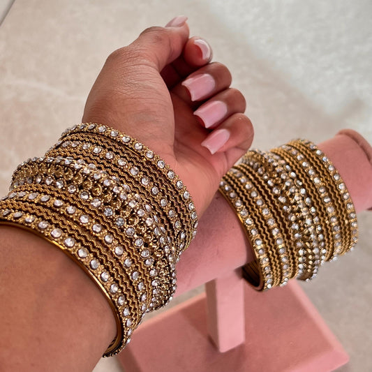 Antique Gold Clear Crystal Sparkly Chunky Bangle Set Indian Pakistani Punjabi Party Fashion Churi Wedding High Quality Gift Both Arm SALE