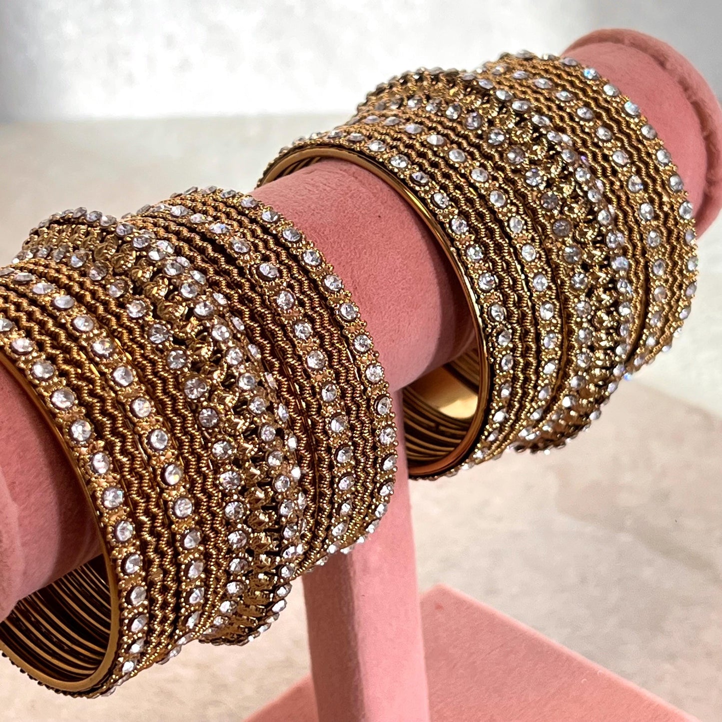 Antique Gold Clear Crystal Sparkly Chunky Bangle Set Indian Pakistani Punjabi Party Fashion Churi Wedding High Quality Gift Both Arm SALE