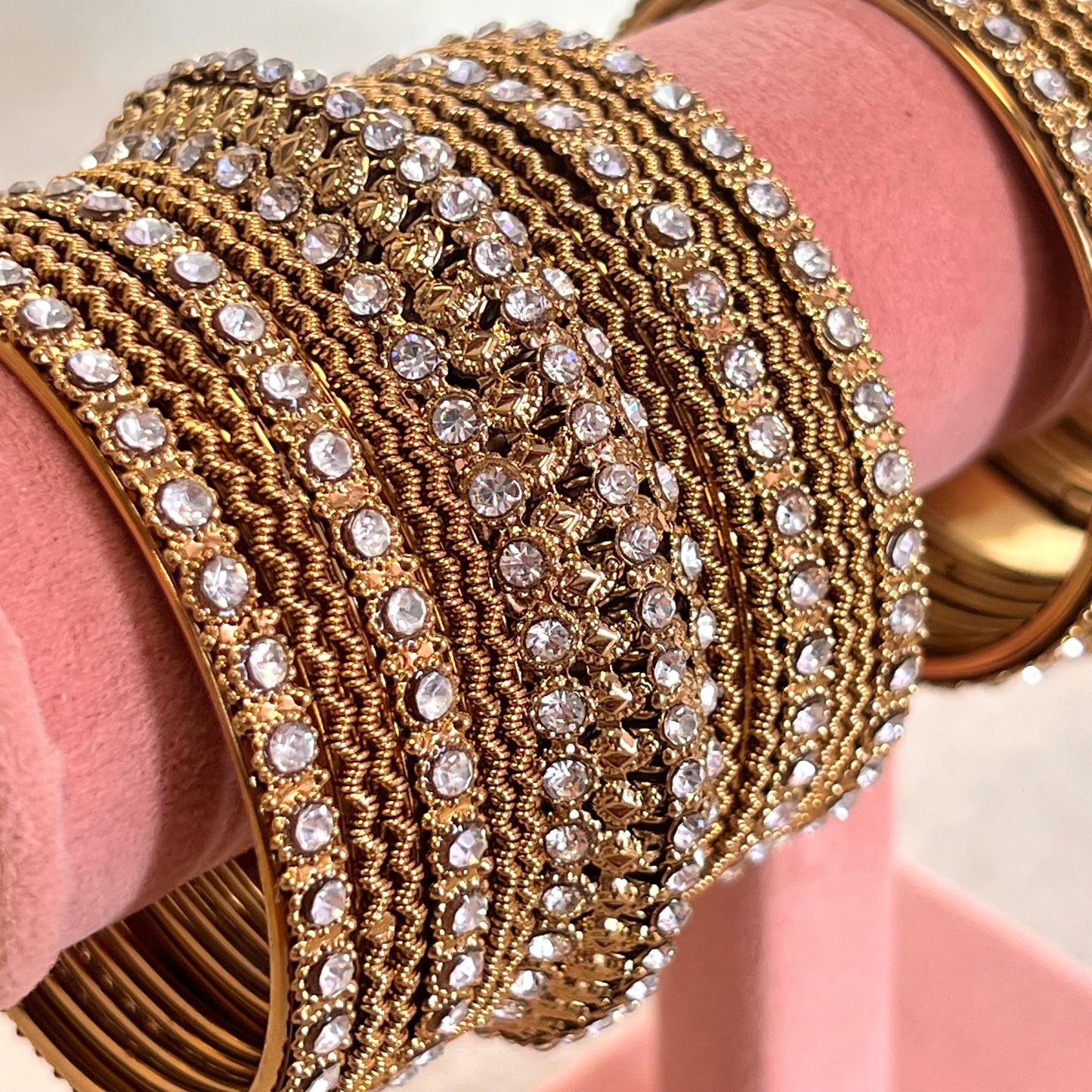 Antique Gold Clear Crystal Sparkly Chunky Bangle Set Indian Pakistani Punjabi Party Fashion Churi Wedding High Quality Gift Both Arm SALE