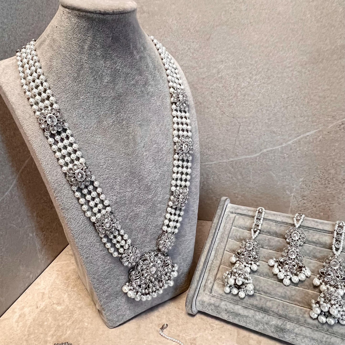 New! Silver Zircon Crystal/  Long Mala/ Haar Long Necklace Earring Tikka Unique Style Indian/ Pakistani Fashion Jewellery Gift for her