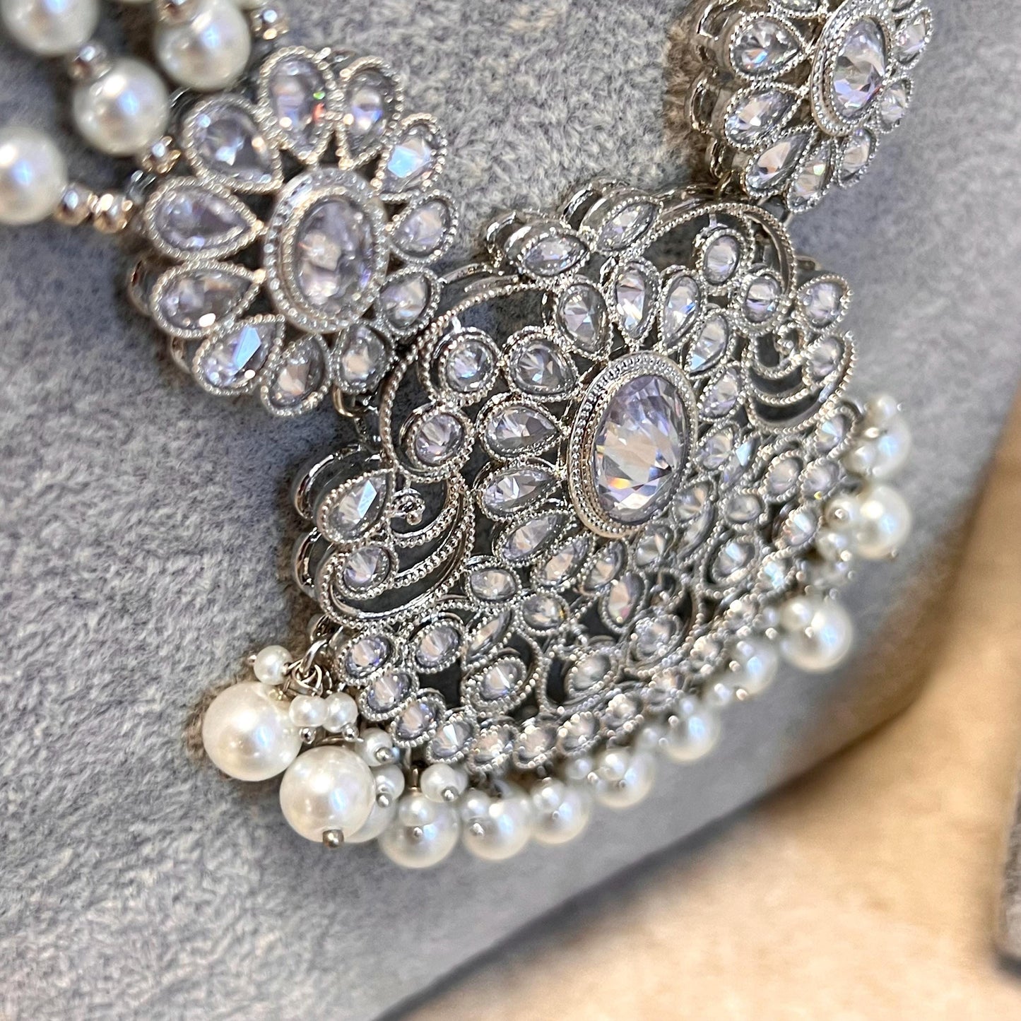 New! Silver Zircon Crystal/  Long Mala/ Haar Long Necklace Earring Tikka Unique Style Indian/ Pakistani Fashion Jewellery Gift for her