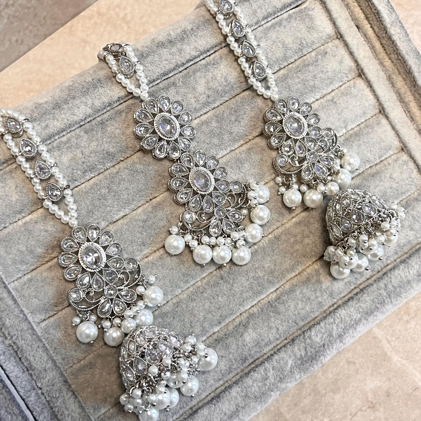 New! Silver Zircon Crystal/  Long Mala/ Haar Long Necklace Earring Tikka Unique Style Indian/ Pakistani Fashion Jewellery Gift for her