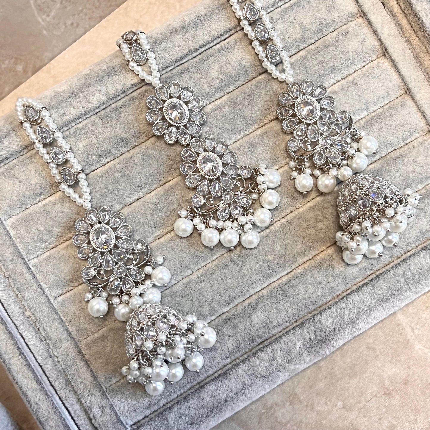 New! Silver Zircon Crystal/  Long Mala/ Haar Long Necklace Earring Tikka Unique Style Indian/ Pakistani Fashion Jewellery Gift for her