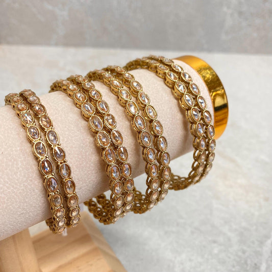 Antique Gold Champagne Zircon Crystal High Quality Set of 2 Thin Bangle Bracelets Indian Pakistani Bollywood Fashion Jewellery Gift for Her