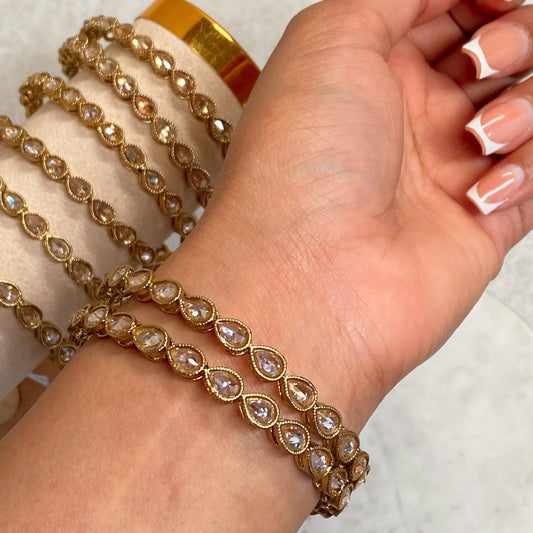 Antique Gold Champagne Zircon Crystal High Quality Set of 2 Tear Drop Bangle Bracelets Indian Pakistani Bollywood Fashion Jewellery Gift