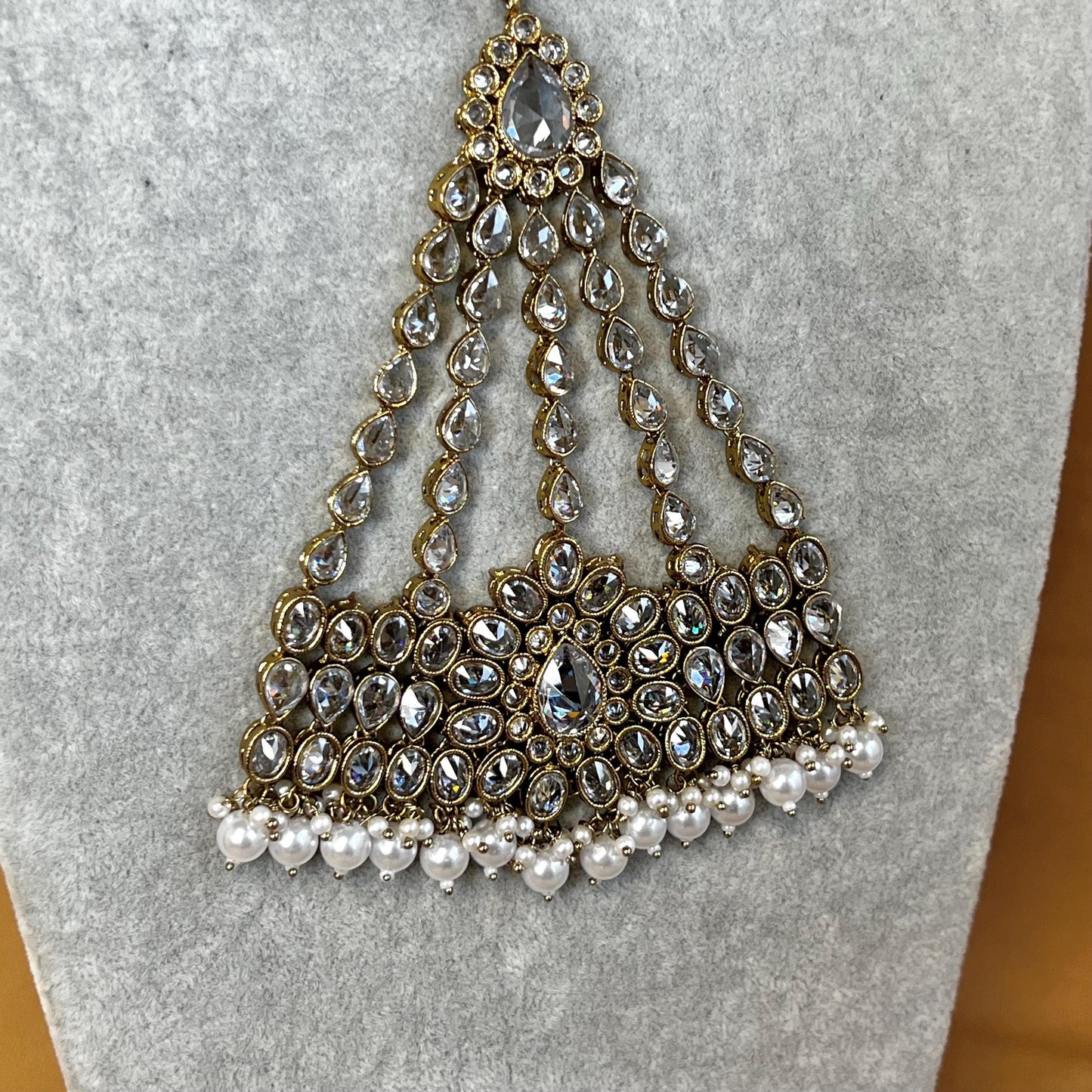 Bridal Clear Necklace Jhumar & Tikka - Antique Gold Base Clear Stonework/ White Bead Jewellery