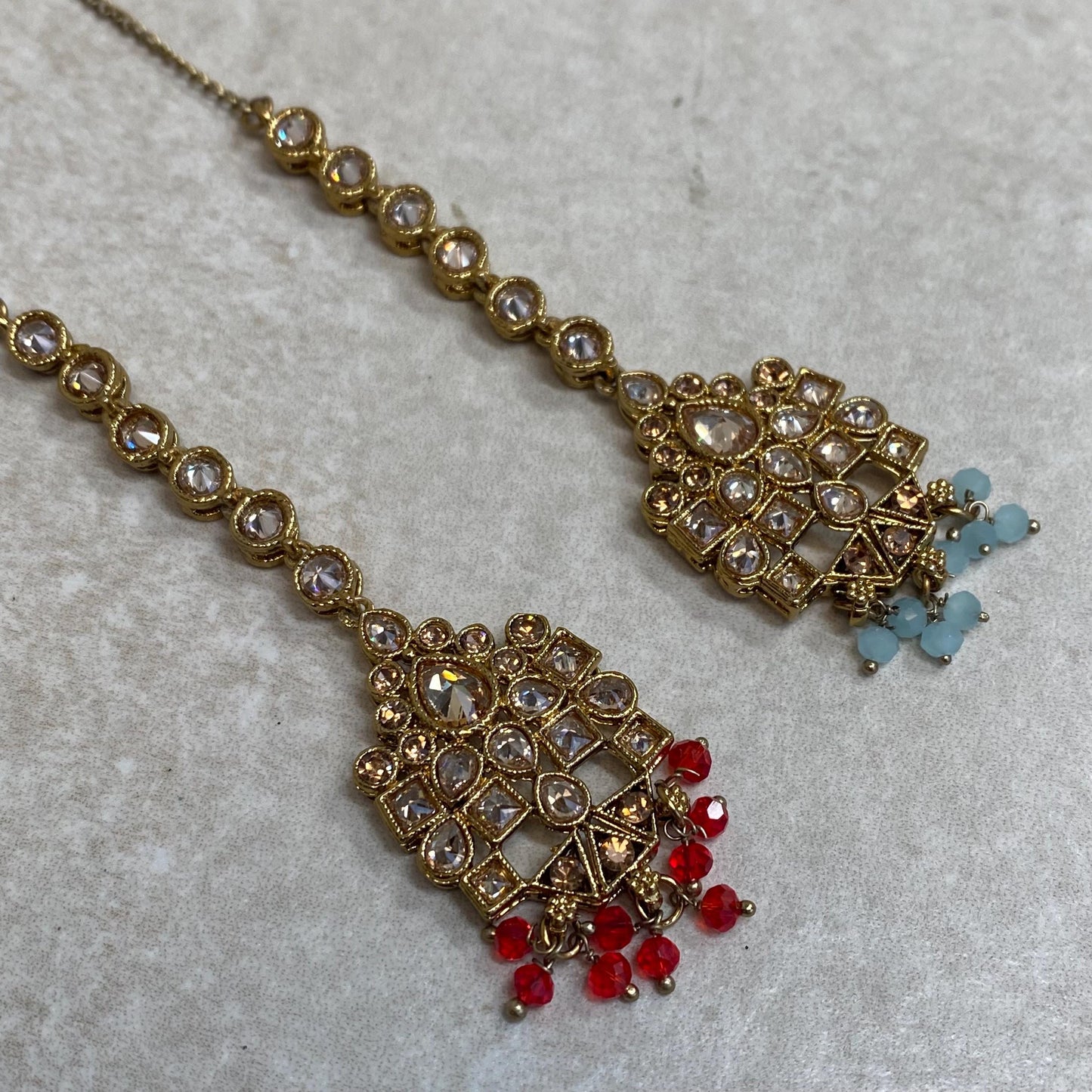 Extra Small Tikka Tikli Indian Pakistani Fashion Jewellery Maang Tikkas Antique Gold Champagne Zircon Crystal Red Or Blue 1 inch