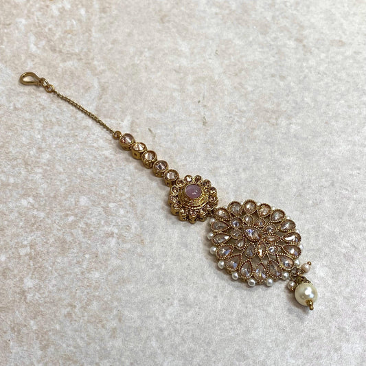 Pink Antique Gold Champagne Zircon Crystal Pearl Maang Tikka Bindya Medium Size Indian Pakistani Bollywood Headpiece Fashion Jewellery Gift