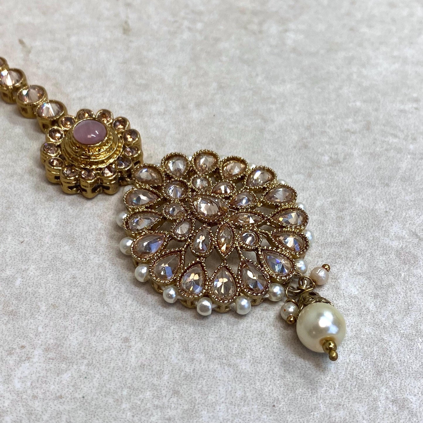 Pink Antique Gold Champagne Zircon Crystal Pearl Maang Tikka Bindya Medium Size Indian Pakistani Bollywood Headpiece Fashion Jewellery Gift
