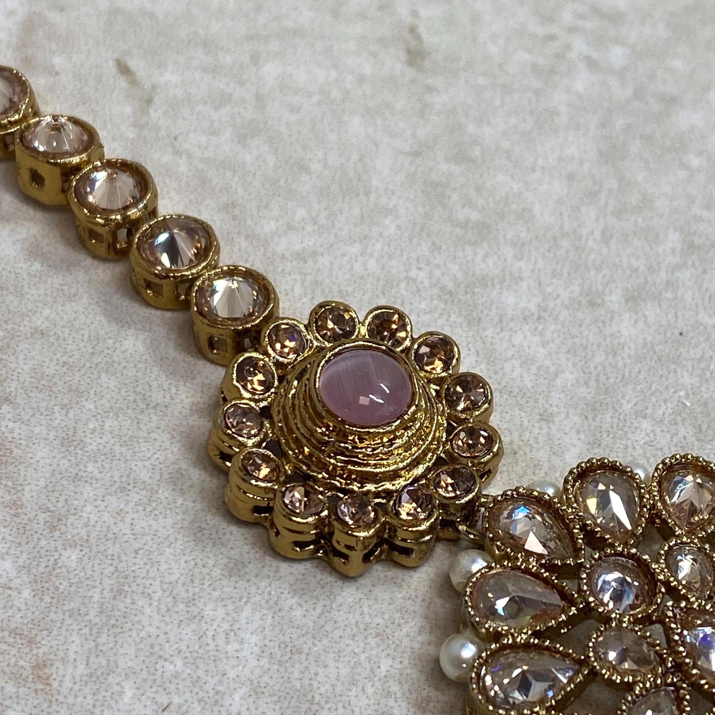 Pink Antique Gold Champagne Zircon Crystal Pearl Maang Tikka Bindya Medium Size Indian Pakistani Bollywood Headpiece Fashion Jewellery Gift