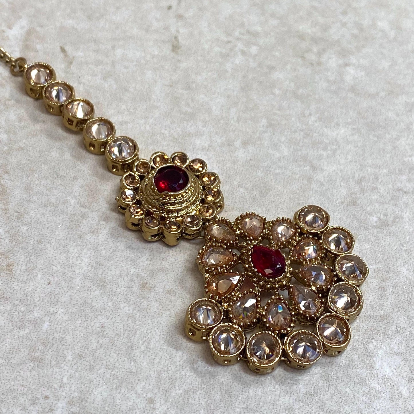 Maroon Antique Gold Champagne Zircon Crystal Pearl Maang Tikka Bindya Medium Size Indian Pakistani Bollywood Headpiece Fashion Jewellery