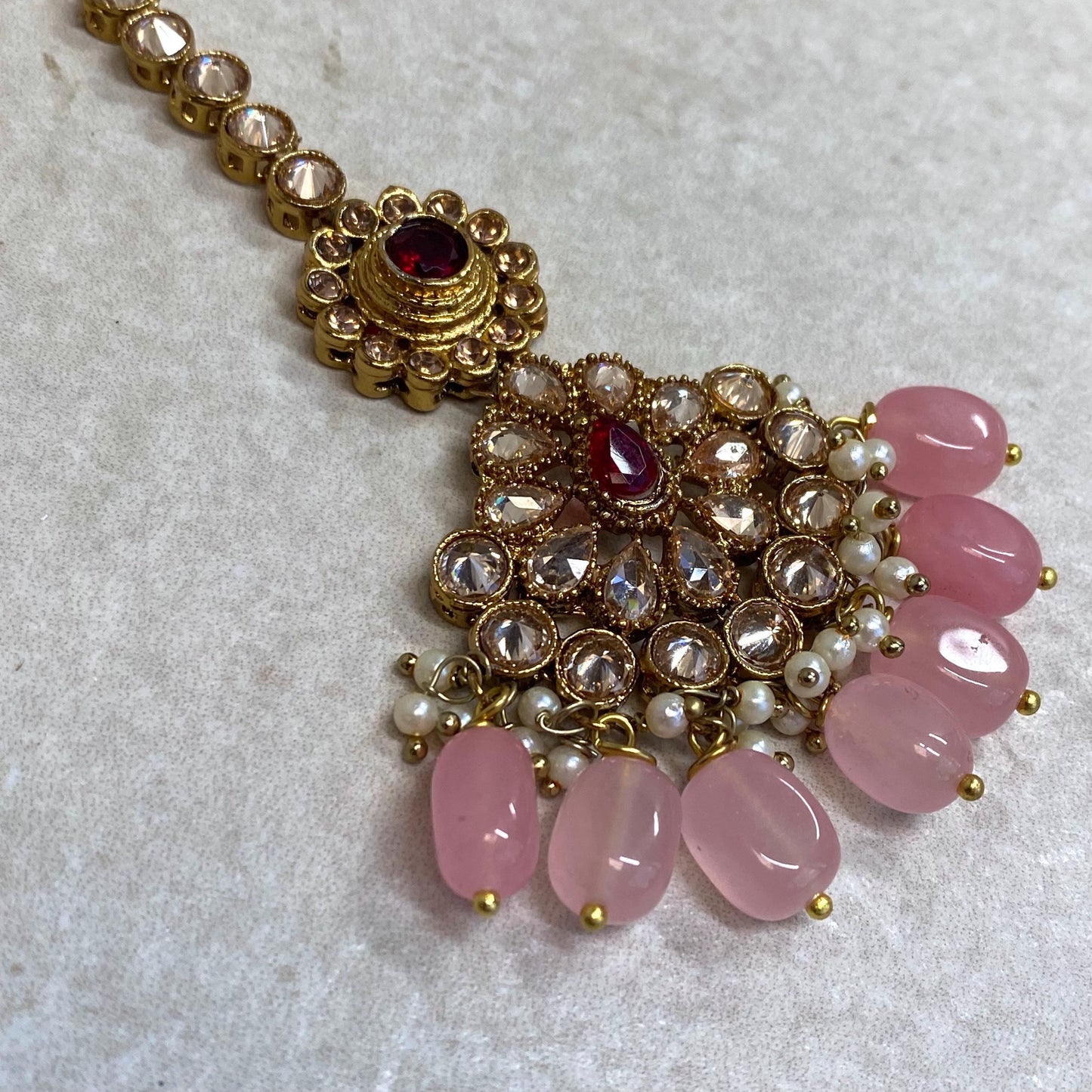 Maroon Pink Antique Gold Champagne Zircon Crystal Maang Tikka Bindya Medium Size Indian Pakistani Bollywood Headpiece Fashion Jewellery