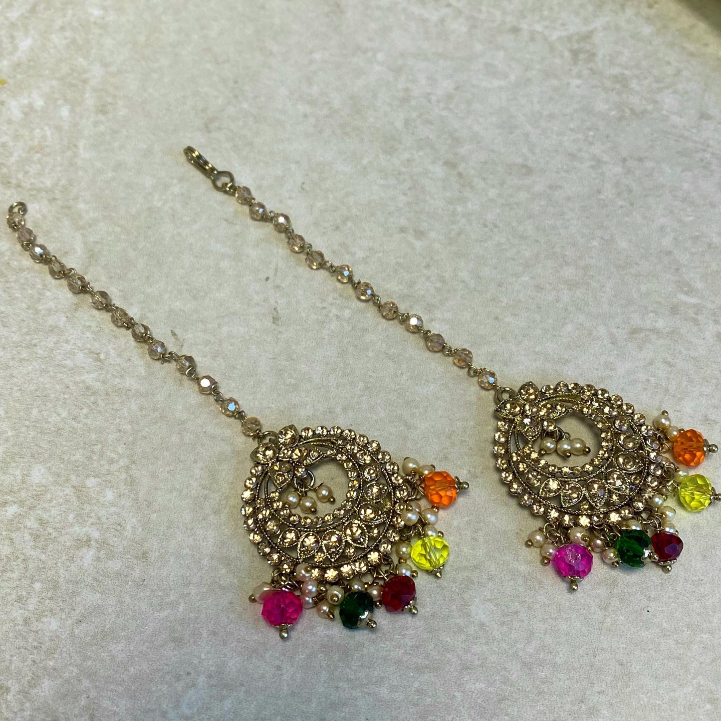 Multicolour Antique Gold Rhinestone Maang Tikka Bindya Indian Pakistani Bollywood Headpiece Mendhi Jewels Gift Fashion