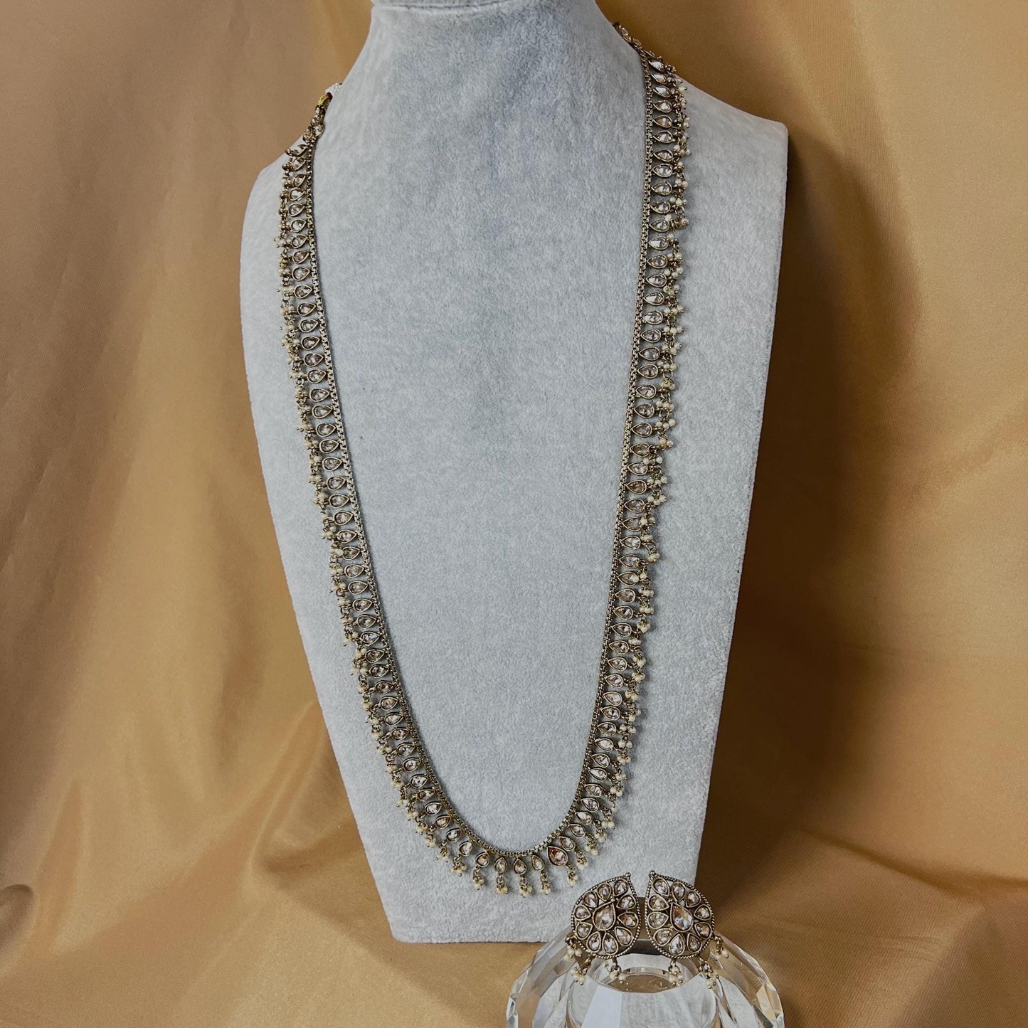 Champagne/ Pearl-Long Necklace and Earring set/Antique Gold with Zircon Crystal and Stud earring. No Tikka/ Pakistani/ Indian Fashion Set