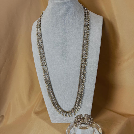 Champagne/ Pearl-Long Necklace and Earring set/Antique Gold with Zircon Crystal and Stud earring. No Tikka/ Pakistani/ Indian Fashion Set