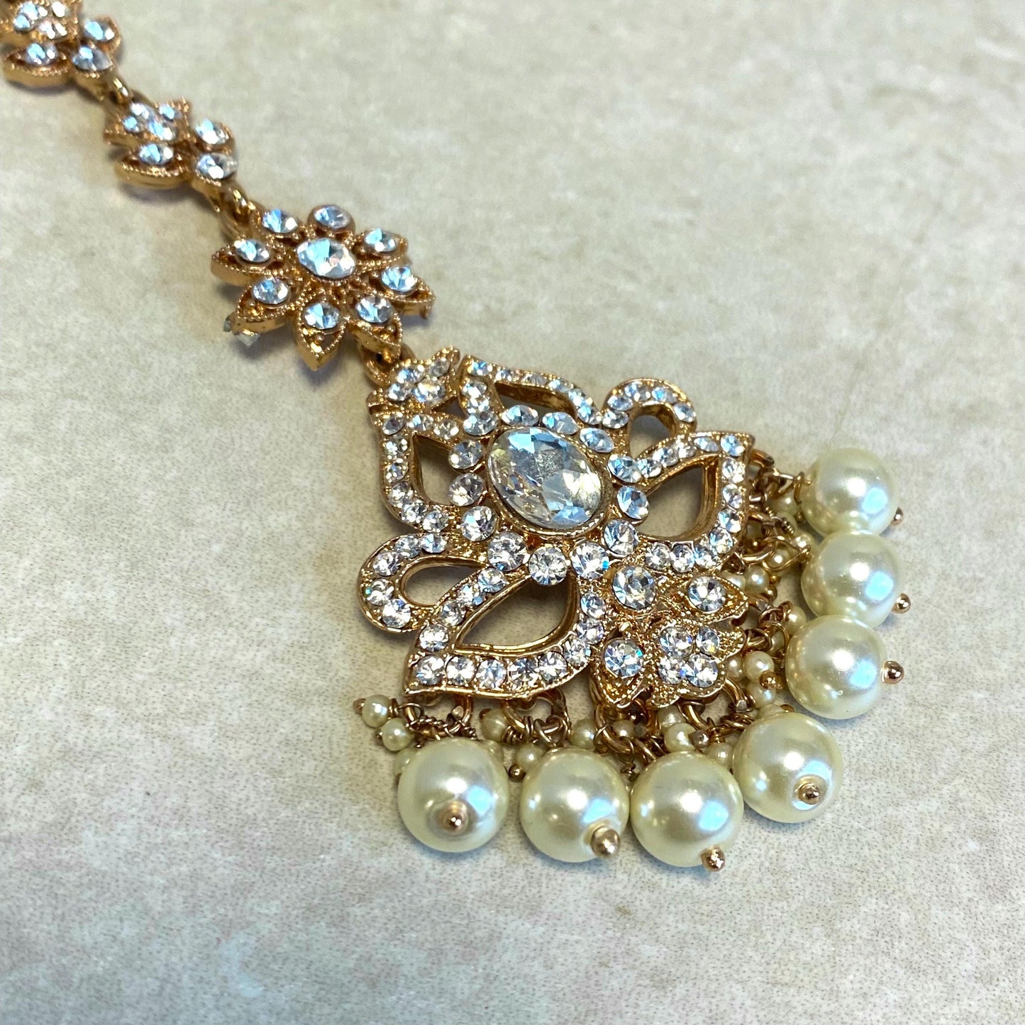 Rose Gold Pearl Rhinestone Maang Tikka Bindya Indian Pakistani Bollywood Headpiece Mendhi Jewels Gift Fashion
