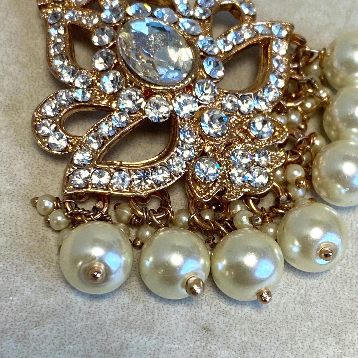 Rose Gold Pearl Rhinestone Maang Tikka Bindya Indian Pakistani Bollywood Headpiece Mendhi Jewels Gift Fashion