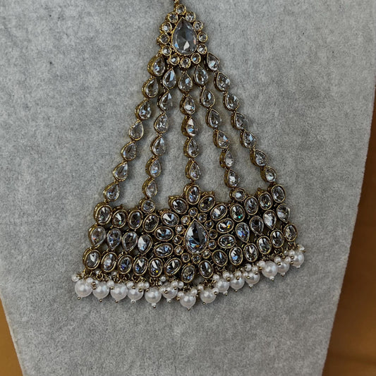 Antique Gold Jhumar -Irredescent/ Clear stones