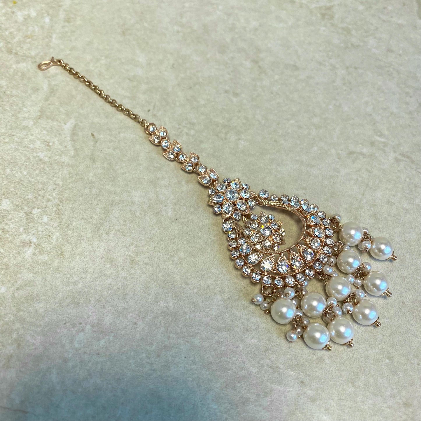 Rose Gold Pearl Rhinestone Maang Tikka Bindya Indian Pakistani Bollywood Headpiece Mendhi Jewels Gift Fashion