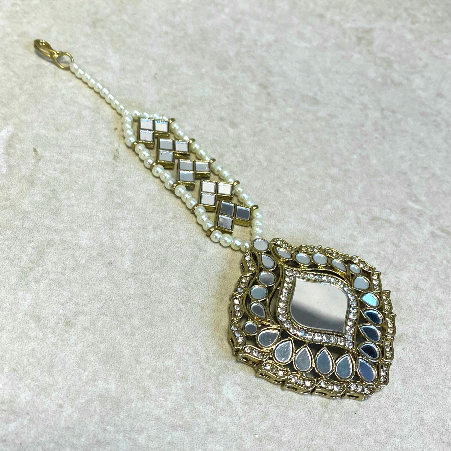 Handmade Mirror Rhinestone Antique Gold Maang Tikka Bindya Indian Pakistani Bollywood Headpiece Mendhi Jewels Gift Fashion