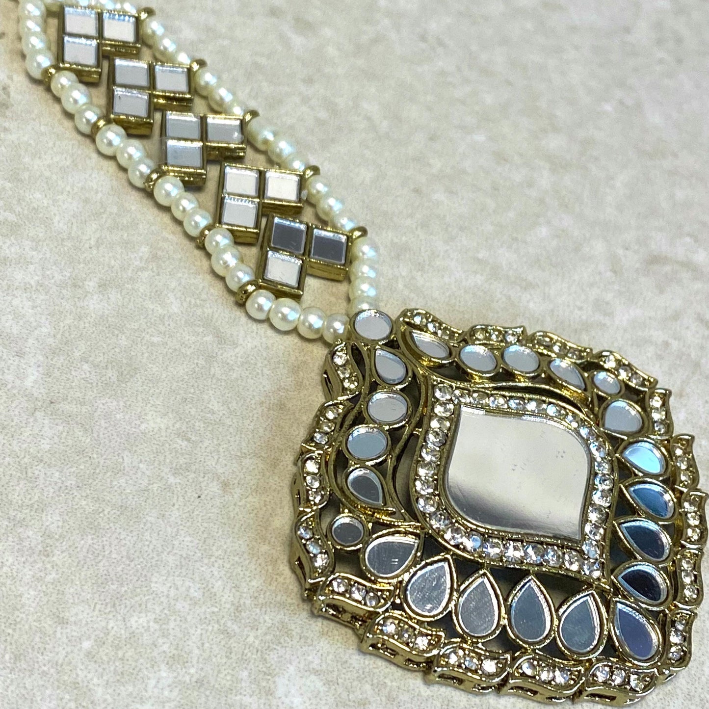 Handmade Mirror Rhinestone Antique Gold Maang Tikka Bindya Indian Pakistani Bollywood Headpiece Mendhi Jewels Gift Fashion