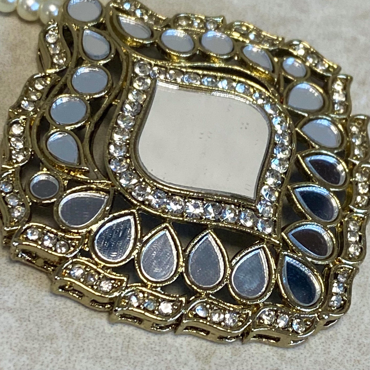 Handmade Mirror Rhinestone Antique Gold Maang Tikka Bindya Indian Pakistani Bollywood Headpiece Mendhi Jewels Gift Fashion