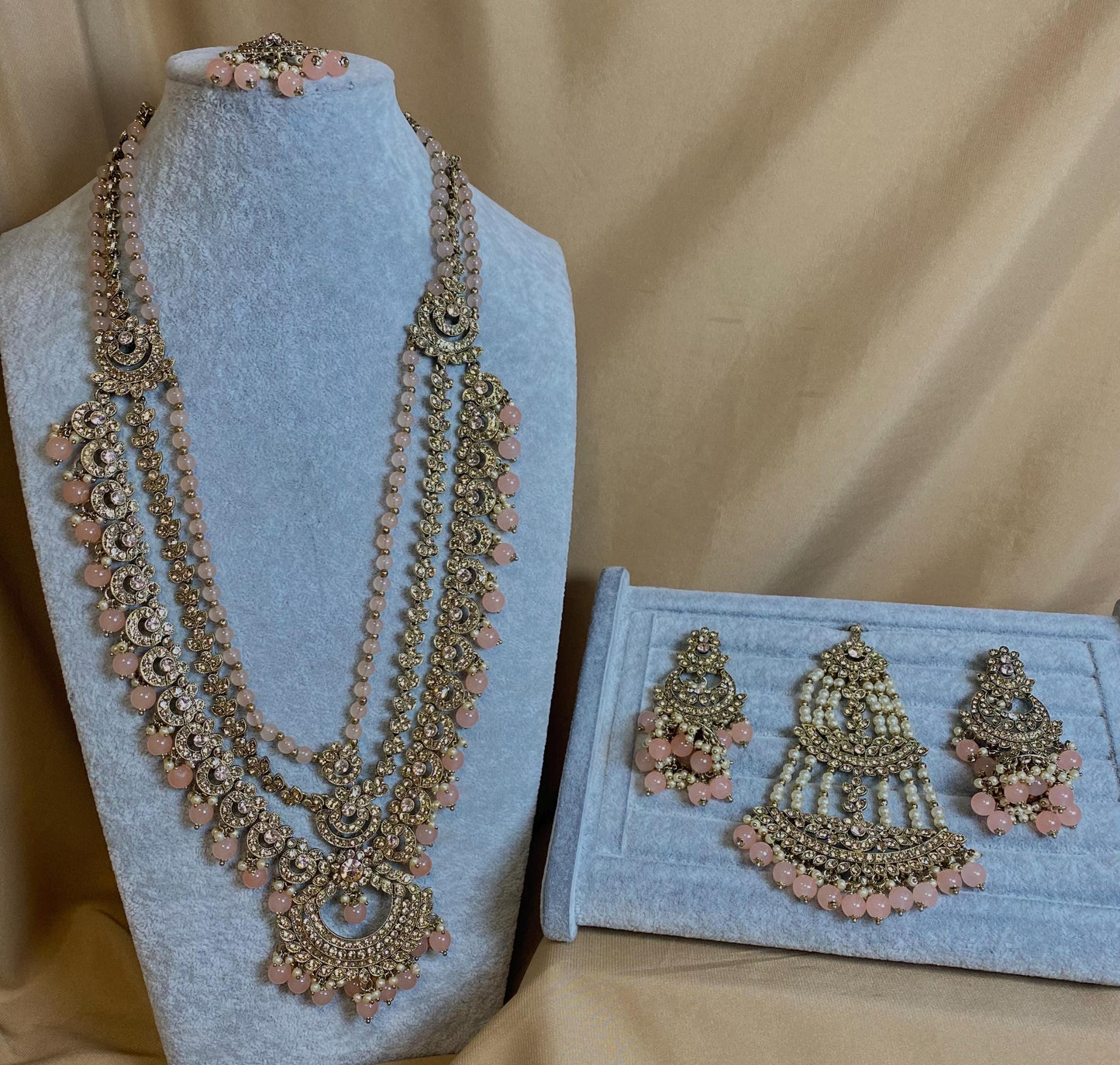 Full Peach Long Necklace Set -  Peach Indian Jewellery/Pakistani Style Necklaces/Hijabi Brides/Bridal Jewellery